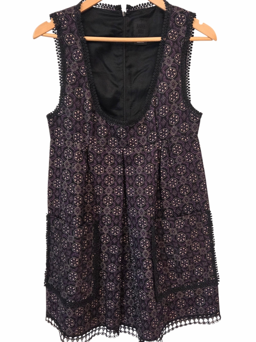Anna Sui Velvet Burnout Mini Dress Purple Black Crochet Trim Boho Luxe